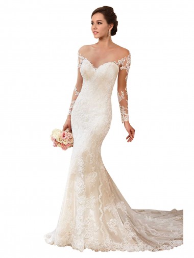 Long Sleeves Sweetheart Lace Ivory Chapel Train Long Wedding Gowns Sydney