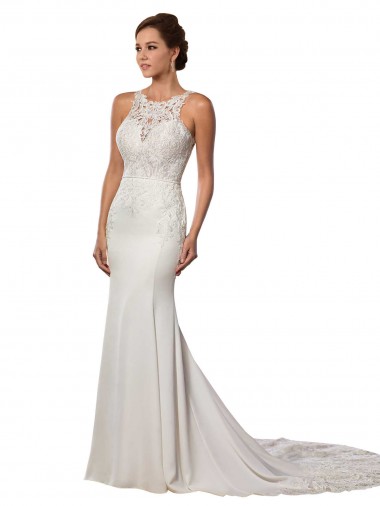 Sleeveless High Neck Lace Ivory Sheath Chapel Train Modern Wedding Dress Sydney