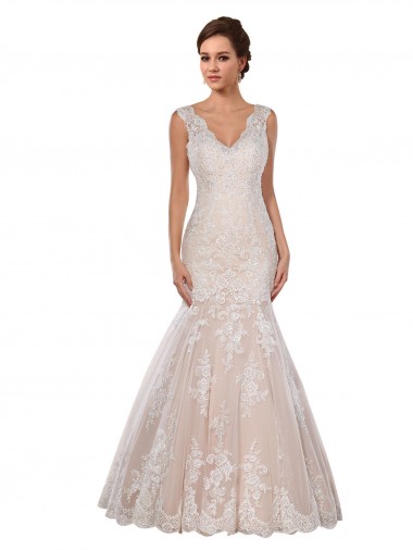 Sleeveless V-Neck Lace Ivory & Champagne Chapel Train Modern Wedding Dress Sydney