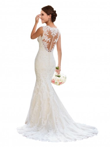 Sleeveless V-Neck Lace White Chapel Train Wedding Dress Sydney