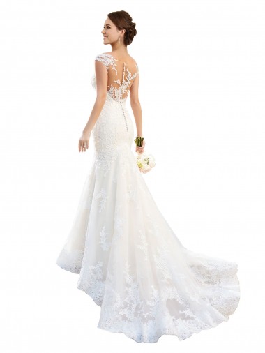 Cap Sleeves Illusion Neck Lace White Chapel Train Wedding Dress Sydney