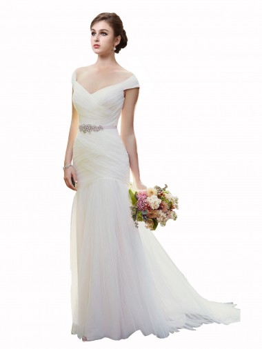 Sleeveless Off the Shoulder Tulle Ivory Chapel Train Beach Wedding Dress Sydney