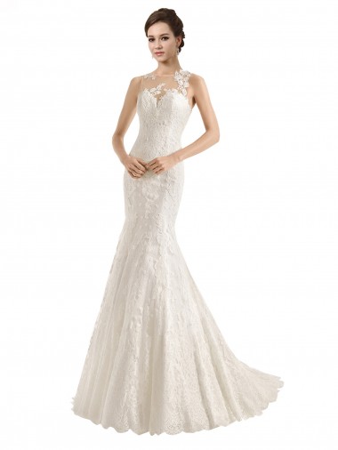 Sleeveless Illusion Neck Lace Ivory Mermaid Chapel Train Wedding Dress Sydney