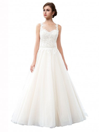 Sleeveless Illusion Neck Tulle & Lace Ivory Cathedral Train Beach Wedding Dress Sydney