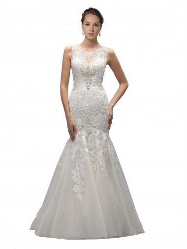 Sleeveless Illusion Neck Tulle & Lace Ivory Sweep Train Wedding Dress Sydney