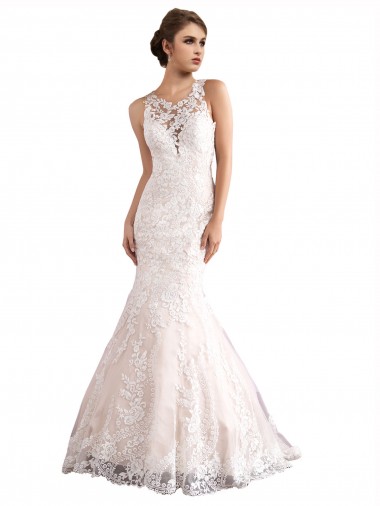 Sleeveless Illusion Neck Tulle & Lace Ivory & Champagne Cathedral Train Wedding Dress Sydney
