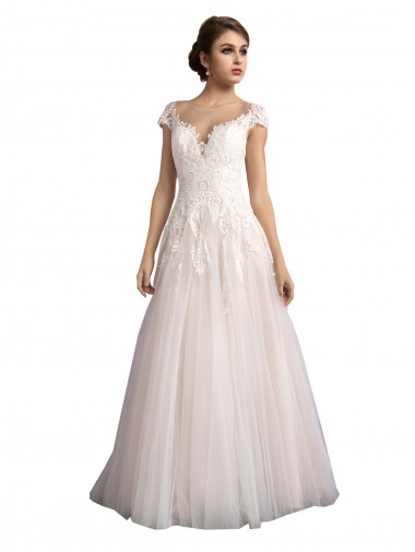 Cap Sleeves Illusion Neck Tulle & Lace Ivory & Champagne Cathedral Train Beach Wedding Dress Sydney