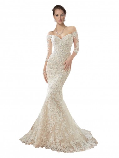 Long Sleeves Off the Shoulder Tulle & Lace Ivory & Champagne Chapel Train Wedding Dress Sydney