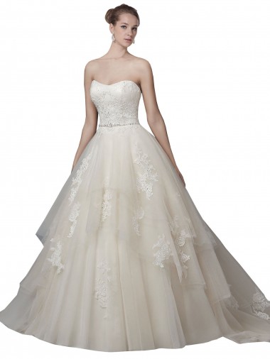 Sleeveless Strapless Tulle & Lace Ivory Chapel Train Wedding Dress Sydney