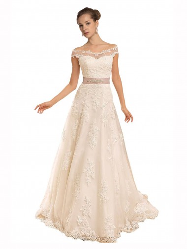Sleeveless Off the Shoulder Lace Ivory A-Line Chapel Train Beach Wedding Dress Sydney