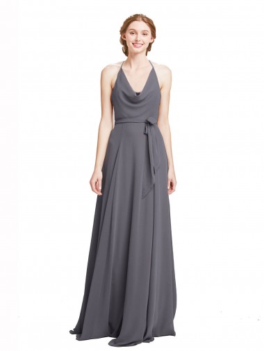Sleeveless Halter Neck Soft Chiffon Slate Grey Long Bridesmaid Dress Sydney