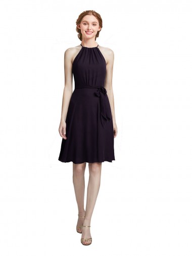 Sleeveless High Neck Soft Chiffon Grape Knee Length Bridesmaid Dress Sydney