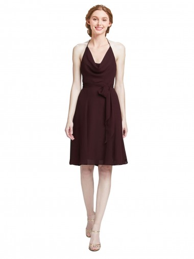 Sleeveless Halter Neck Soft Chiffon Burgundy Gold Knee Length Bridesmaid Dress Sydney