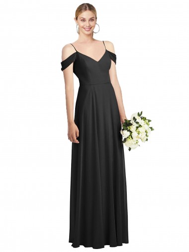 Cold Shoulder Spaghetti Straps Soft Chiffon Black Long Semi Formal Evening Dress / Bridesmaid Dress Sydney
