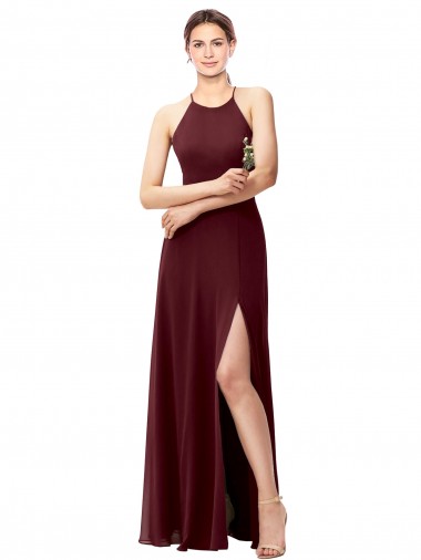 Sleeveless High Neck Soft Chiffon Burgundy Gold Long Bridesmaid Dress Sydney