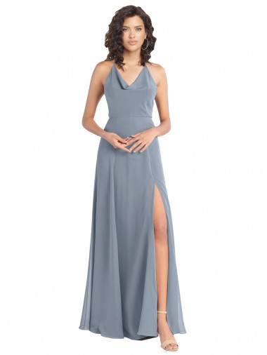 Sleeveless Cowl Neck Soft Chiffon Dusty Blue Long Bridesmaid Dress Sydney