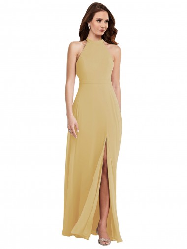 Sleeveless Halter Neck Soft Chiffon Gold Long Semi Formal Evening Dress / Bridesmaid Dress Sydney
