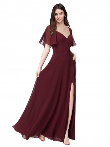 Short Flutter Sleeves Sweetheart Soft Chiffon Burgundy Gold Long Formal Dress / Bridesmaid Dress Sydney