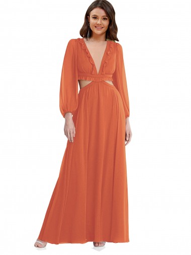 Long Sleeves V-Neck Soft Chiffon Firecracker Long High Low Evening Gown / Bridesmaid Dress Sydney