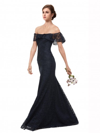 Flutter Sleeves Off the Shoulder Lace Dark Navy Long Prom Dress / Bridesmaid Dress Sydney