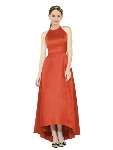 Sleeveless Halter Neck Satin Spice Red High Low Bridesmaid Dress Sydney