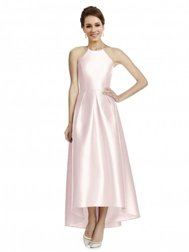 Sleeveless Halter Neck Satin Pink Long High Low Bridesmaid Dress Sydney