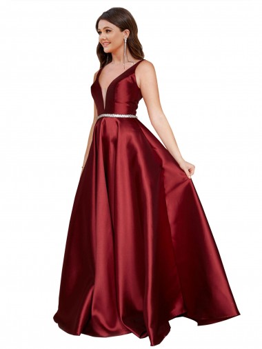 Sleeveless V-Neck Satin Burgundy Long Formal Plus Size Evening Gown / Prom Dress / Bridesmaid Dress Sydney