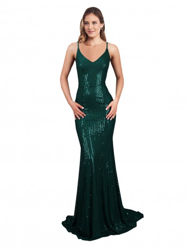 Sleeveless V-Neck Sequin Dark Green Mermaid Long Formal Evening Gown / Prom Dress / Bridesmaid Dress Sydney