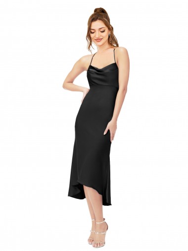 Sleeveless Cowl Neck Silk like Satin Black Midi Length High Low Evening Gown / Prom Dress / Bridesmaid Dress Sydney