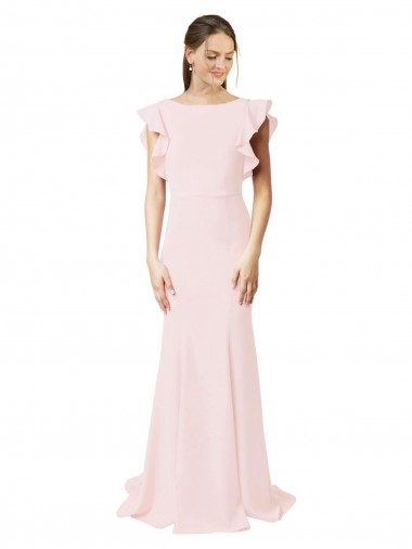 Ruffle Sleeves Jewel Neck Stretch Crepe Pink Sweep Train Black Tie Prom Dress / Bridesmaid Dress Sydney