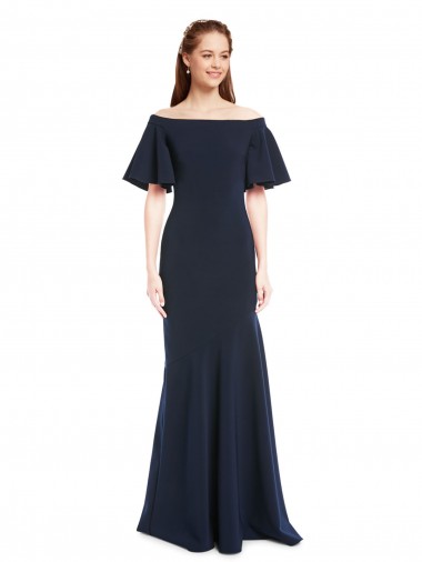 Short Sleeves Off the Shoulder Stretch Crepe Dark Navy Long Bridesmaid Dress / Formal Dress Sydney
