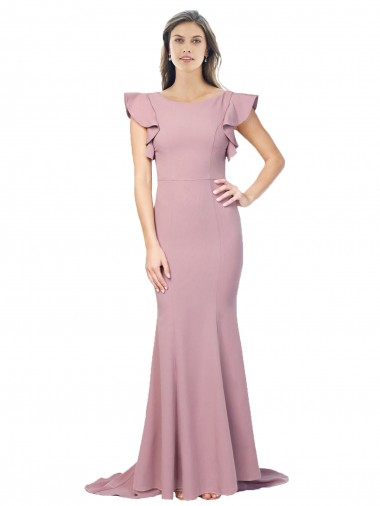 Flutter Sleeves Round Neck Stretch Crepe Dusty Pink Sweep Train Formal Evening Gown / Prom Dress / Bridesmaid Dress Sydney