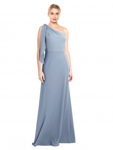 Flutter Sleeves One Shoulder Stretch Crepe Smoke Blue Long Formal Dress / Bridesmaid Dress Sydney
