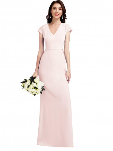 Cap Sleeves V-Neck Stretch Crepe Pink Long Formal Evening Gown / Prom Dress / Bridesmaid Dress Sydney