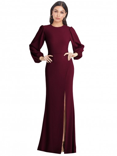 Puff Sleeves Bateau Neck Stretch Crepe Burgundy Gold Long Formal Dress / Bridesmaid Dress Sydney