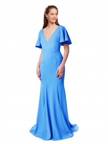 Short Sleeves V-Neck Stretch Crepe Peacock Blue Sweep Train Prom Dress / Bridesmaid Dress Sydney