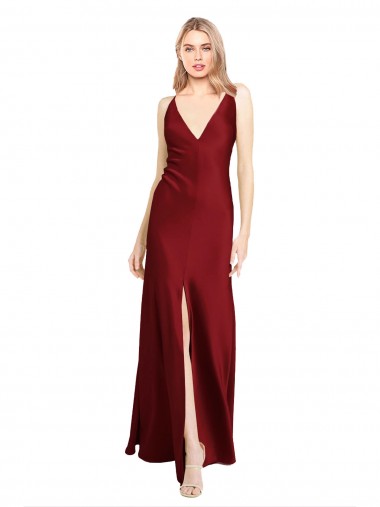 Sleeveless V-Neck Stretch Satin Burgundy Long Black Tie Evening Gown / Prom Dress / Bridesmaid Dress Sydney