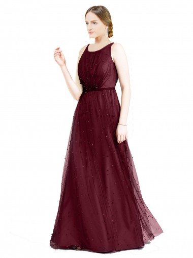 Sleeveless Boat Neck Tulle Burgundy Long Semi Formal Evening Dress / Bridesmaid Dress Sydney