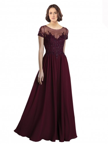 Cap Sleeves Jewel Neck Tulle & Soft Chiffon Burgundy Gold Long Bridesmaid Dress Sydney