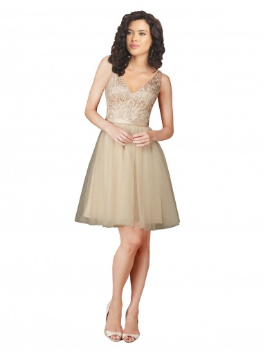 Sleeveless V-Neck Tulle & Lace Champagne Knee Length Bridesmaid Dress Sydney