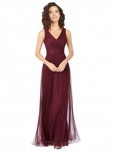 Sleeveless V-Neck Tulle Burgundy Gold Long Bridesmaid Dress Sydney
