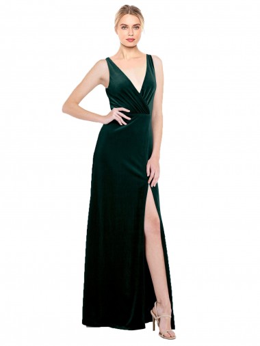 Sleeveless V-Neck Stretch Velvet Dark Green Long Black Tie Evening Dress / Prom Dress / Bridesmaid Dress Sydney