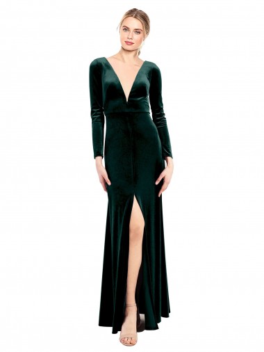 Long Sleeves V-Neck Stretch Velvet Dark Green Long Black Tie Prom Dress / Bridesmaid Dress Sydney