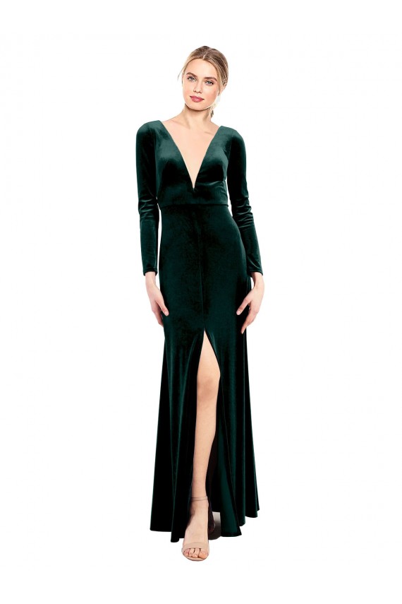 Long Sleeves V-Neck Stretch Velvet Dark Green Long Black Tie Prom Dress / Bridesmaid Dress Sydney
