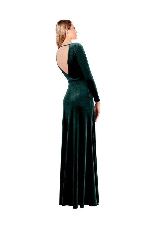 Long Sleeves V-Neck Stretch Velvet Dark Green Long Black Tie Prom Dress / Bridesmaid Dress Sydney