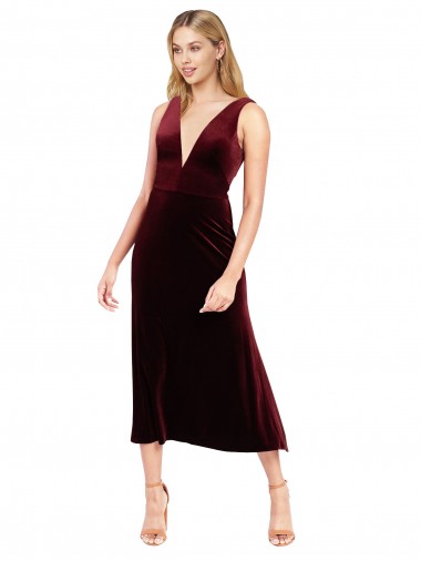 Sleeveless V-Neck Stretch Velvet Burgundy Midi Length Prom Dress / Bridesmaid Dress Sydney