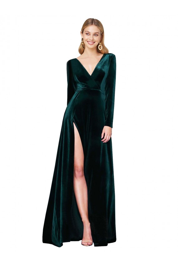Long Sleeves V-Neck Stretch Velvet Dark Green Sweep Train Black Tie Evening Gown / Prom Dress / Bridesmaid Dress Sydney