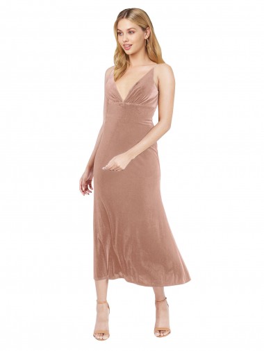 Sleeveless V-Neck Stretch Velvet Pink Midi Length Prom Dress / Bridesmaid Dress Sydney