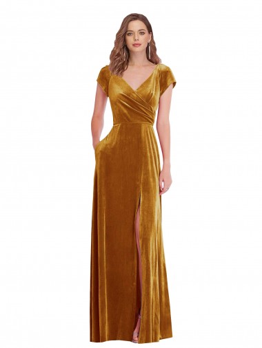 Cap Sleeves V-Neck Stretch Velvet Gold Long Formal Evening Gown / Prom Dress / Bridesmaid Dress Sydney