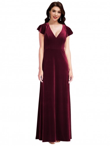Flutter Sleeves V-Neck Stretch Velvet Burgundy Long Semi Formal Evening Dress / Prom Dress / Bridesmaid Dress Sydney